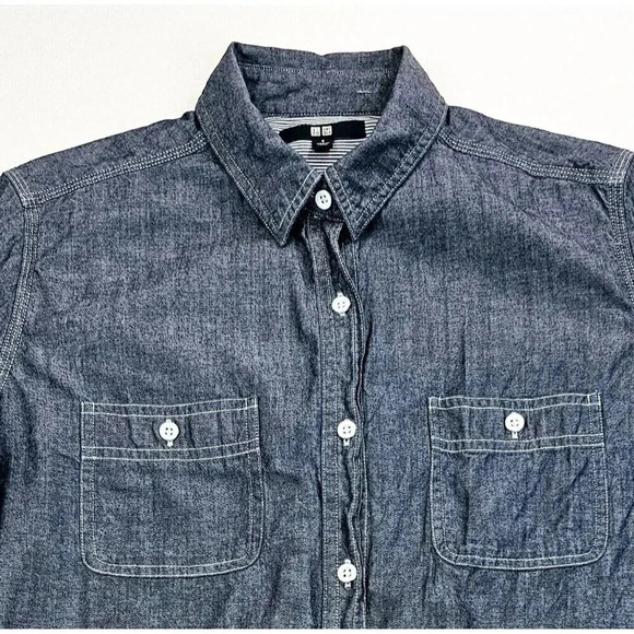 Uniqlo Size Small Women's Charcoal Blue Denim Style Long Sleeve Cotton Shirt - Picture 5 of 9